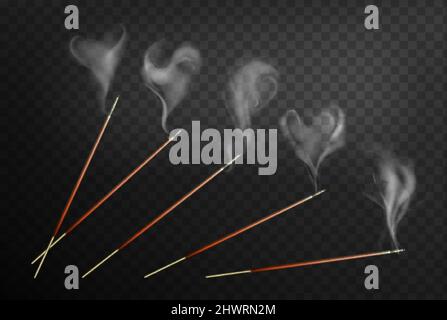 Joss Räucherstäbchen mit Dampfrauch realistische 3D Vektor-Illustration. Hölzerne Agarbatti isoliert auf dunklem Hintergrund. Indischer duftender brennender Holzstab für Aromatherapie, Meditation oder Raumduft. Stock Vektor
