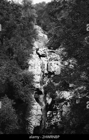 Wunderschöne Gorges du Fier, Flussschlucht in Frankreich in der Nähe des Sees von Annecy. Schwarz und Weiß. Stockfoto