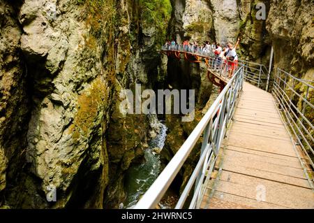 HAUTE-SAVOIE, FRANKREICH - 23. AUGUST 2015: Touristen bewundern die wunderschönen Gorges du Fier, die Schlucht des Flusses in der Nähe des Sees von Annecy. Stockfoto