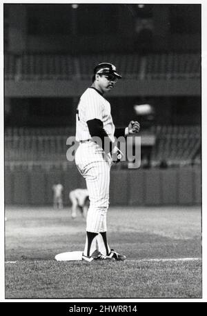 Ein Foto aus dem Jahr 1978 von Reggie Jackson, einem Schläger der New Yorker Yankees, der seine Faust pumpte, während er in der Nähe der Basis von 3. stand. Im Yankee Stadium, vor einem Spiel, im Jahr 1978. Stockfoto