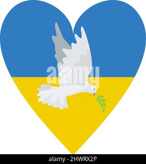 Ukraine Bunte Flagge in Herzform mit Taube des Friedens isoliert auf weißem Hintergrund. Vektor Stock Vektor