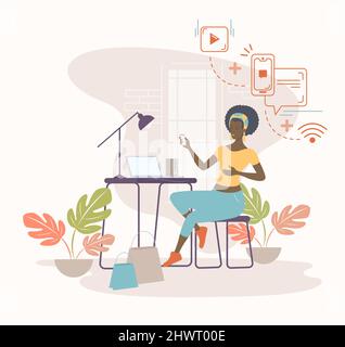 Frau, die zu Hause oder im Büro online arbeitet und einkauft, sitzt vor ihrem Laptop. Vektorgrafik. Stock Vektor