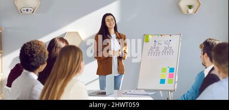 Glückliche Frau, die während eines Geschäftsteams-Meetings eine Präsentation über das Unternehmensmanagement macht Stockfoto