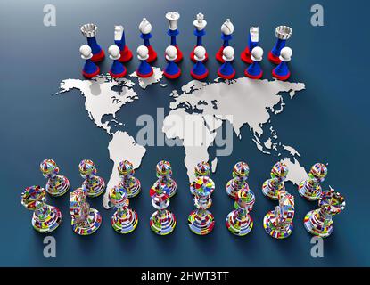 Symbol für Krieg und Geopolitik in der Welt mit Schachfiguren. Die Welt gegen Russland. Stockfoto