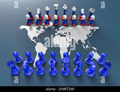 Symbol für Krieg und Geopolitik in der Welt mit Schachfiguren. Russland vs. EU. Stockfoto