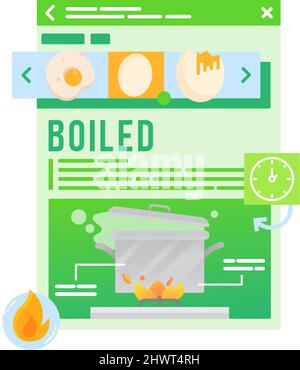 Einfaches Rezept mobile App ui-Schnittstelle Vorlage Vektor flach Symbol isoliert bacgrund. Schritt-für-Schritt-Prozess zum Kochen von Eiern. Gesunde Ernährung Menü im Smartphone Stock Vektor