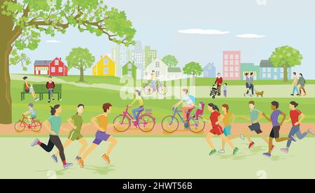 Sportler und andere Menschen haben eine Freizeit in der Natur, Illustration Stock Vektor