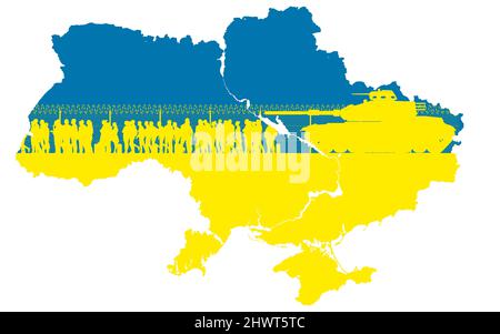 Kriegsverbrechen, ukrainische Flagge und Karte. Silhouetten von Flüchtlingen, die aus Russland aus ihrer Nation fliehen. Stacheldraht und Tank. Zivilisten, Ukraine Stockfoto