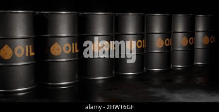 Black Metal Oil Barrels auf dunklem Hintergrund 3D Rendering Stockfoto