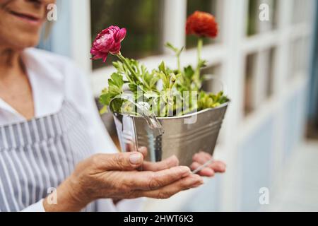 Lächelnde ältere Frau hält Topfpflanze im Freien Stockfoto