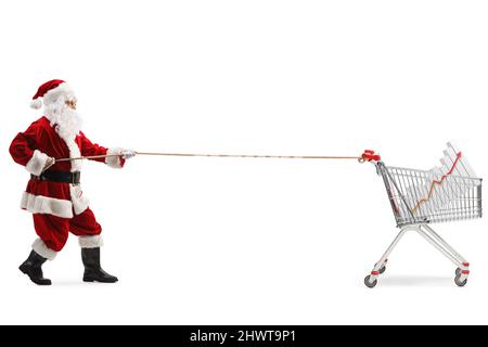 Santa claus zieht einen Einkaufswagen mit einem Balkendiagramm innen isoliert auf weißem Hintergrund Stockfoto