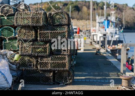 Hummer- und Krabbentöpfe am Kai des Fischereihafens Conwy North Wales UK, außer Fokus auf Fischerbooten im Hintergrund Stockfoto