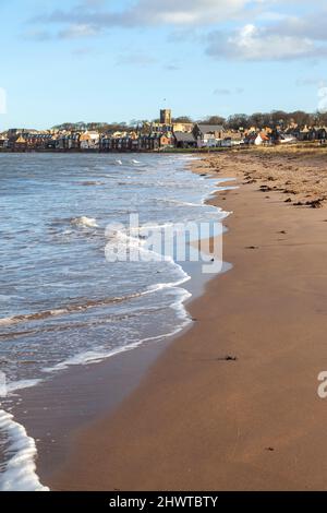 Spaziergang entlang West Sands Beach North Berwick an einem sonnigen Wintermorgen Stockfoto