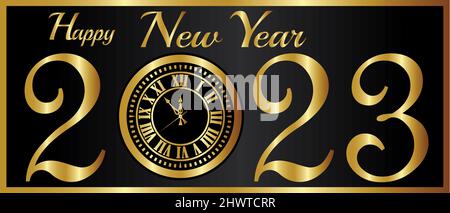 Neujahr-2023-Gold-Clock-over-a-Black-Background-Illustration Stockfoto