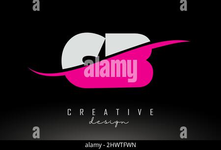CB C B Schwarzes und pinkes Buchstabenlogo mit Swoosh und geschwungenen Linien. Stock Vektor