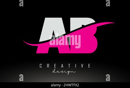 Ab A B Schwarzes und pinkes Buchstabenlogo mit Swoosh und geschwungenen Linien. Stock Vektor