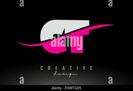 CT C T White und Pink Letter Logo mit Swoosh und geschwungenen Linien. Stock Vektor