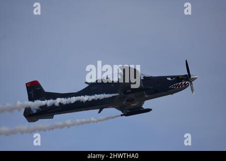 Einmotorige Turboprop-Flugzeuge auf der Airshow Stockfoto