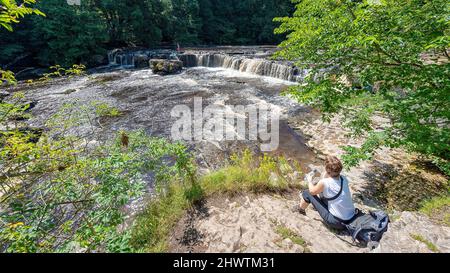 Eine Frau sitzt und bewundert den Wasserfall in Aysgarth, Yorkshire Dales National Park, Großbritannien Stockfoto