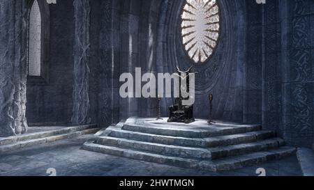 Mittelalterliches Fantasy-Schloss Thronsaal mit grauen Steinwänden und ovalem Fenster. 3D Abbildung. Stockfoto
