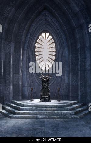 Hochformat 3D Illustration eines mittelalterlichen Fantasy-Thronzimmers mit gewölbter Steinwand und großem ovalem Fenster. Stockfoto