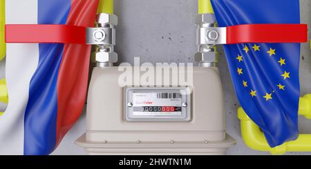 Erdgasversorgung und -Transport, Europa- und Russland-Konflikt. Gaszähler und Abschaltung, EU- und russische Flagge. 3D Rendern Stockfoto
