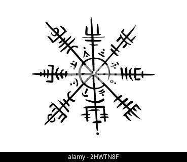 Vegvisir Runenkompass schwarz Bleistift Zeichnungsstil, Handzeichnung von Wikinger-Symbolen, Heilige Norse, Tattoo-Logo, Grunge Runenmagic-Symbole, Vektor-Ilus Stock Vektor