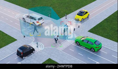 Autonome Elektroautos mit künstlicher Intelligenz selbst fahren auf Metropolenstraße, 3D Rendering Stockfoto