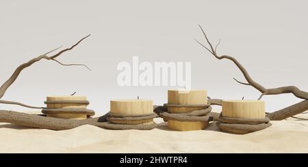 Baum Zweige Zweig mit Sand Strand Hintergrund mit Holz Podium Produktdisplay, 3D Render Stockfoto