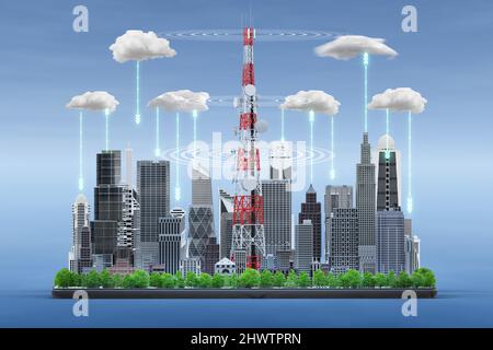 Smart City auf digitalem Tablet mit 5G Telekommunikationsturm-Antenne, Technologie-Speicher Cloud Big Data-Konzept, 3D Render Stockfoto