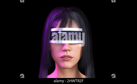 Avatar-Frau mit VR-Brille in Metaverse Virtual World, 3D Render Stockfoto
