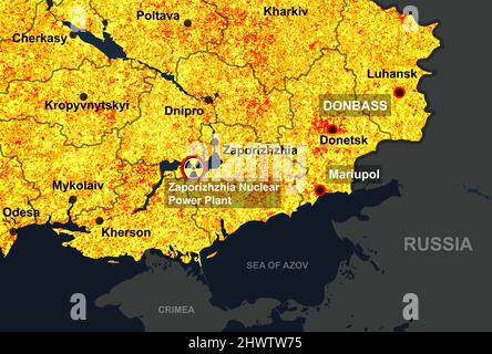 Krieg in der Ukraine auf der Karte, Darstellung von Städten und Hotspots im Südosten der Ukraine. Kernkraftwerk Saporischschschja und Mariupol in Russland-Ukraine Stockfoto