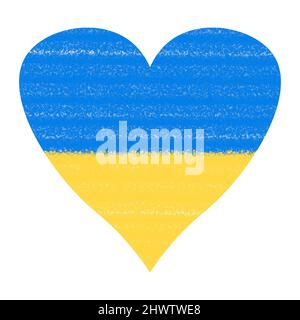 Auf weißem Hintergrund eine Herzform, die mit Pinselstrichen in den Farben der ukrainischen Flagge gemalt ist. Stockfoto