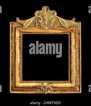 Quadratischer goldener Rahmen auf schwarzem Hintergrund isoliert. Antiker Rahmen im Vintage-Stil Stockfoto