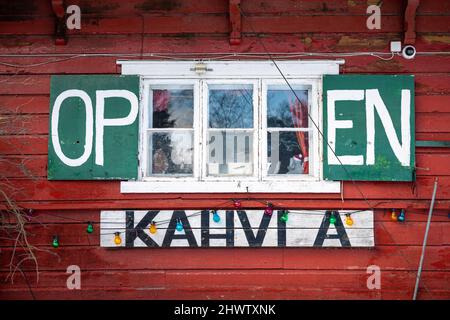 Café Regatta Fenster in Helsinki, Finnland Stockfoto