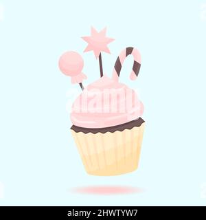 Süßer Cupcake mit Creme und Süßigkeiten. Isoliert auf weißer Vektorgrafik. Leckere, süße Speisen. Stock Vektor