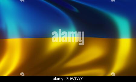 Ukrainische Flagge, Nahaufnahme wehende Flagge der Ukraine. Flaggensymbol, 3D Rendering Stockfoto