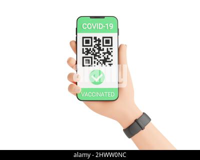 Green COVID Impfpass - qr-Code und Häkchen auf Handy-Bildschirm in menschlicher Hand 3D Render. Stockfoto
