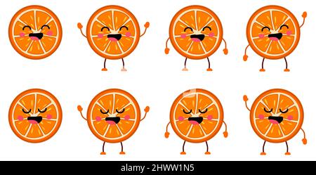 Süße Zitrusfrucht-Ikone im Kawaii-Stil, Augen geschlossen, Mund lächelnd offen. Version mit erhobenen, abwärts und winkenden Händen Stock Vektor