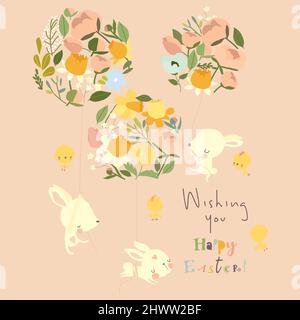 Happy Cartoon Kaninchen fliegen auf Blumen Luftballons Stock Vektor