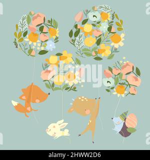 Happy Cartoon Tiere fliegen auf Blumen Luftballons Stock Vektor