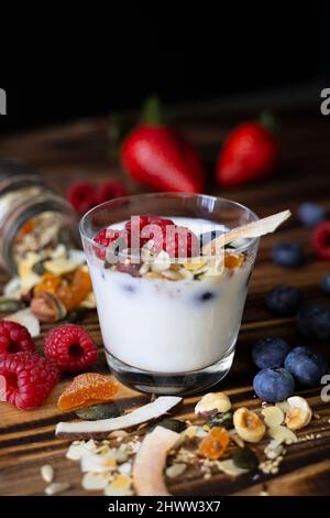 Hausgemachtes Müsli mit Mandel, trockener Aprikose, Kokosnüssen, Sonnenblumen, Kürbis und Flexkernen, serviert mit natürlichem Joghurt, frischen Früchten und Garam Masala Stockfoto