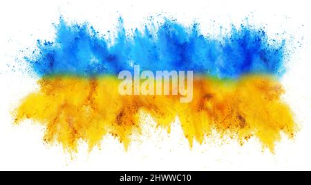 Bunte Ukrainan Flagge gelb blaue Farbe holi Farbe Pulverexplosion isoliert auf weißem Hintergrund. russland ukraine Konflikt Krieg Freiheit Konzept Stockfoto