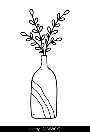 Niedliche Vase mit Ästen isoliert auf weißem Hintergrund. Vektor-handgezeichnete Illustration im Doodle-Stil. Perfekt für Karten, Dekorationen, Logo. Stock Vektor