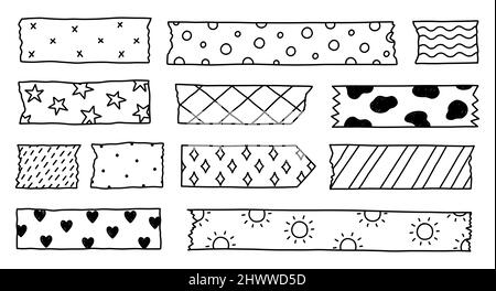 Set von washi Tape Strips mit verschiedenen niedlichen Designs isoliert auf weißem Hintergrund. Aufkleber aus Scotch-Papier. Vektor-handgezeichnete Illustration im Doodle-Stil. Perfekt für Karten, Dekorationen. Stock Vektor