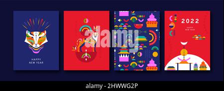 Chinesische Neujahrskarte 2022 Set. Farbenfrohes Tiger-Tier mit geometrischer Volkskunst-Dekoration und abstrakten asiatischen Formen. Modernes Kinn Stock Vektor