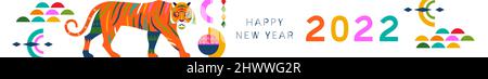 Happy Chinese New Year 2022 Web-Banner Illustration von modernen bunten Tiger Tier mit Volkskunst Dekoration. Abstraktes geometrisches Formdesign für trad Stock Vektor