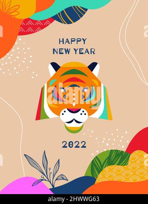 Happy Chinese New Year 2022 Grußkarte Illustration von geometrischen Tiger Tierkopf mit bunten abstrakten Natur Dekoration und Volkskunst Symbol. Fe Stock Vektor