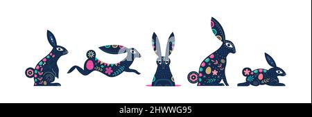 Osterhase Tier im Vintage-Folk-Art-Stil gesetzt. Bunte Bunny Cartoon-Kollektion auf isoliertem weißem Hintergrund mit Blumendekoration und Frühling d Stock Vektor