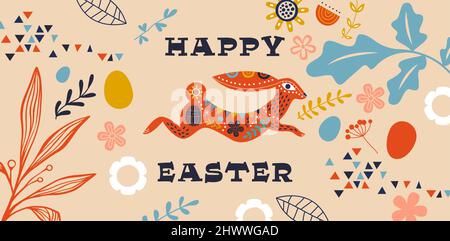 Frohe Ostern Grußkarte von lustigen Kaninchen Tier in Volkskunst-Stil mit floralen Doodle. Frühlingsfest Hintergrund Illustration für traditionelle christus Stock Vektor